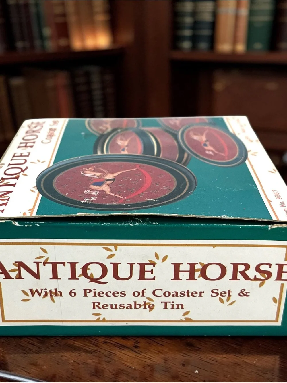 Vintage Antique Horse Cork Coaster Set of 6 w Tin Box Country Cottage Decor